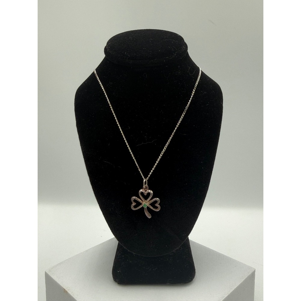 925 Sterling Silver Shamrock Pendant Necklace Green Stone Heart Clover 22‎ Inch